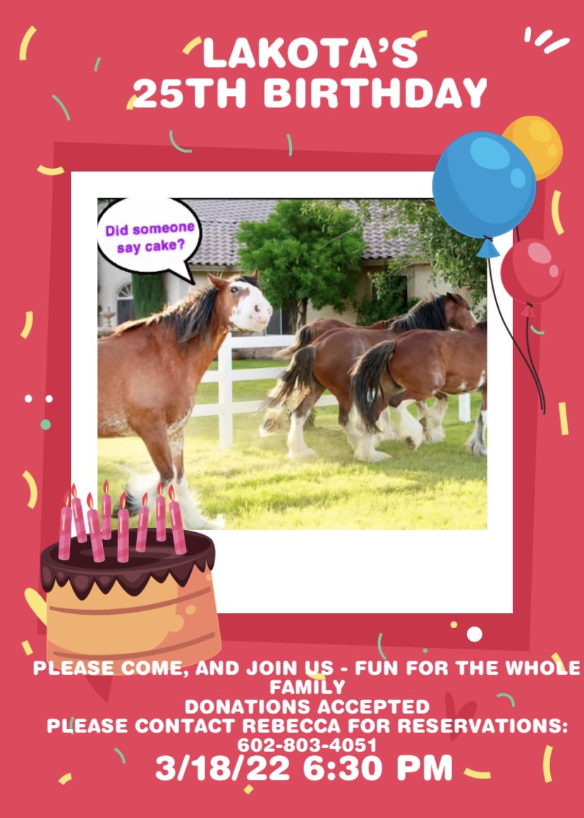 USACPF's tweet photo. Join us to Celebrate Lakota’s 25th Birthday. Let’s celebrate that Clydesdale that created our cause.
Contact Rebecca at 602-803-4051 to make a reservation for this fun for the family event. Space is limited. https://t.co/03dzIajvur