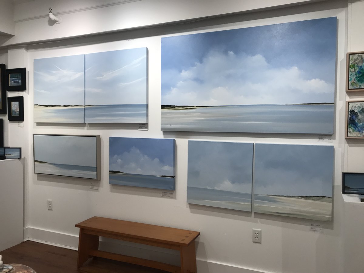 Current wall and previous wall at Louisa Gould Gallery, Martha's Vineyard. Large work, creating greater, but welcome, demands in the studio.  #marthasvineyard #chappy #contemporaryart #fineart #seascapes #beach #coastal #coastalinteriors #oilpainting #interiordesign #interiors