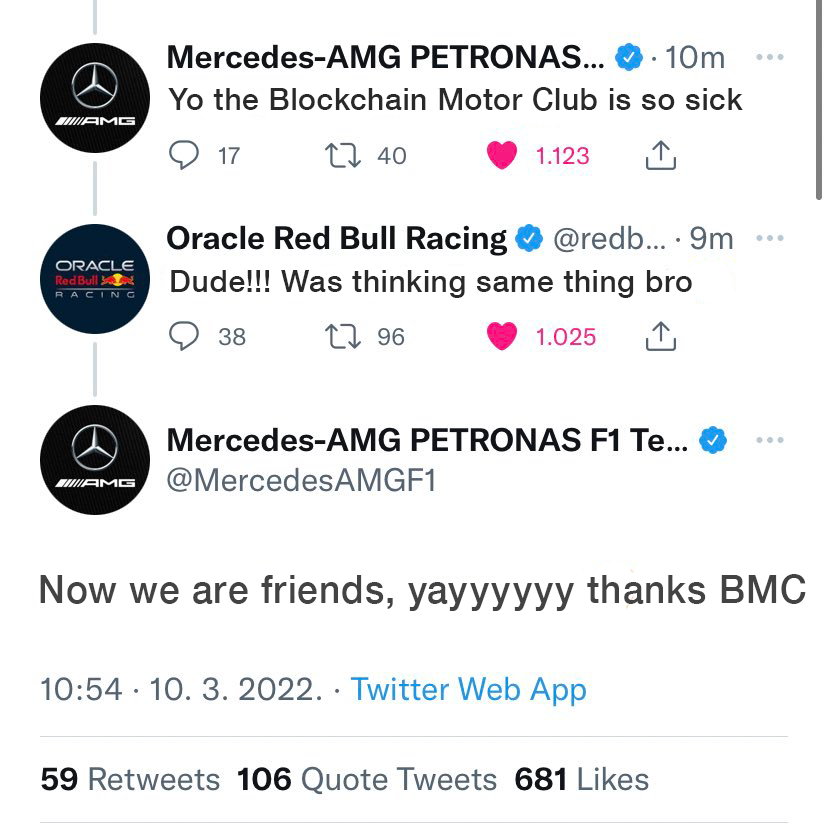 blockchainmotor's tweet photo. This is the true meaning of community #skrrtvroomvroom
๐ค
#F12022 #DriveToSurvive #f1twt #formuladank https://t.co/OPD8kGsagh