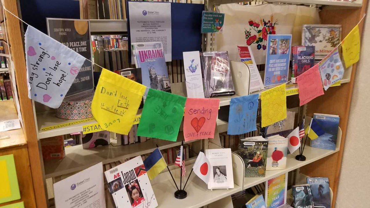Library95472's tweet photo. Here are some of the decorated personal message flags created by patrons at #SebastopolLibrary for #Sebastopol's sister city #Chyhyryn, #Ukraine. https://t.co/Dr7HG1FDyH