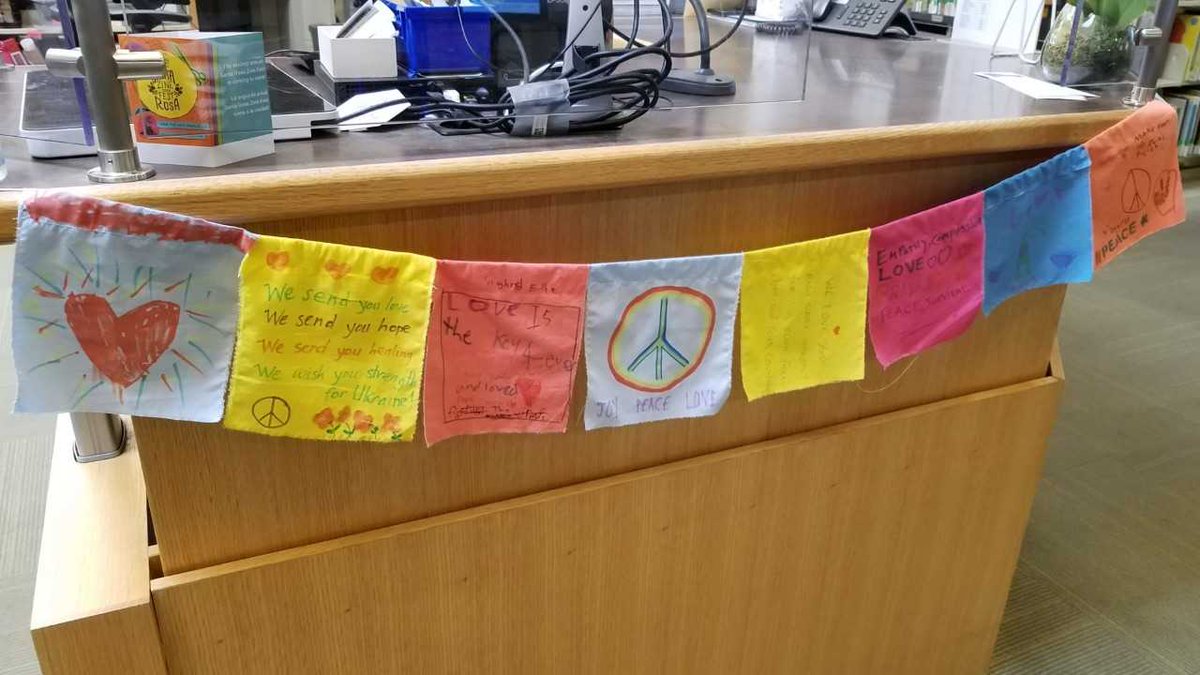 Library95472's tweet photo. Here are some of the decorated personal message flags created by patrons at #SebastopolLibrary for #Sebastopol's sister city #Chyhyryn, #Ukraine. https://t.co/Dr7HG1FDyH