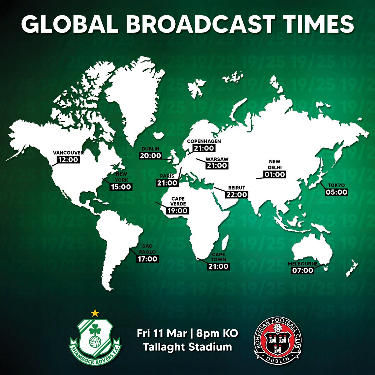 ShamrockRovers's tweet photo. ๐ l Global kick off times for this evening's Dublin Derby ๐
๐ป Where in the world are you tuning in from?
๐ธ Tag us in your pics supporting the Hoops around the world using the hashtag #GlobalHoops
#DerbyDay https://t.co/0XMnrx1D3X