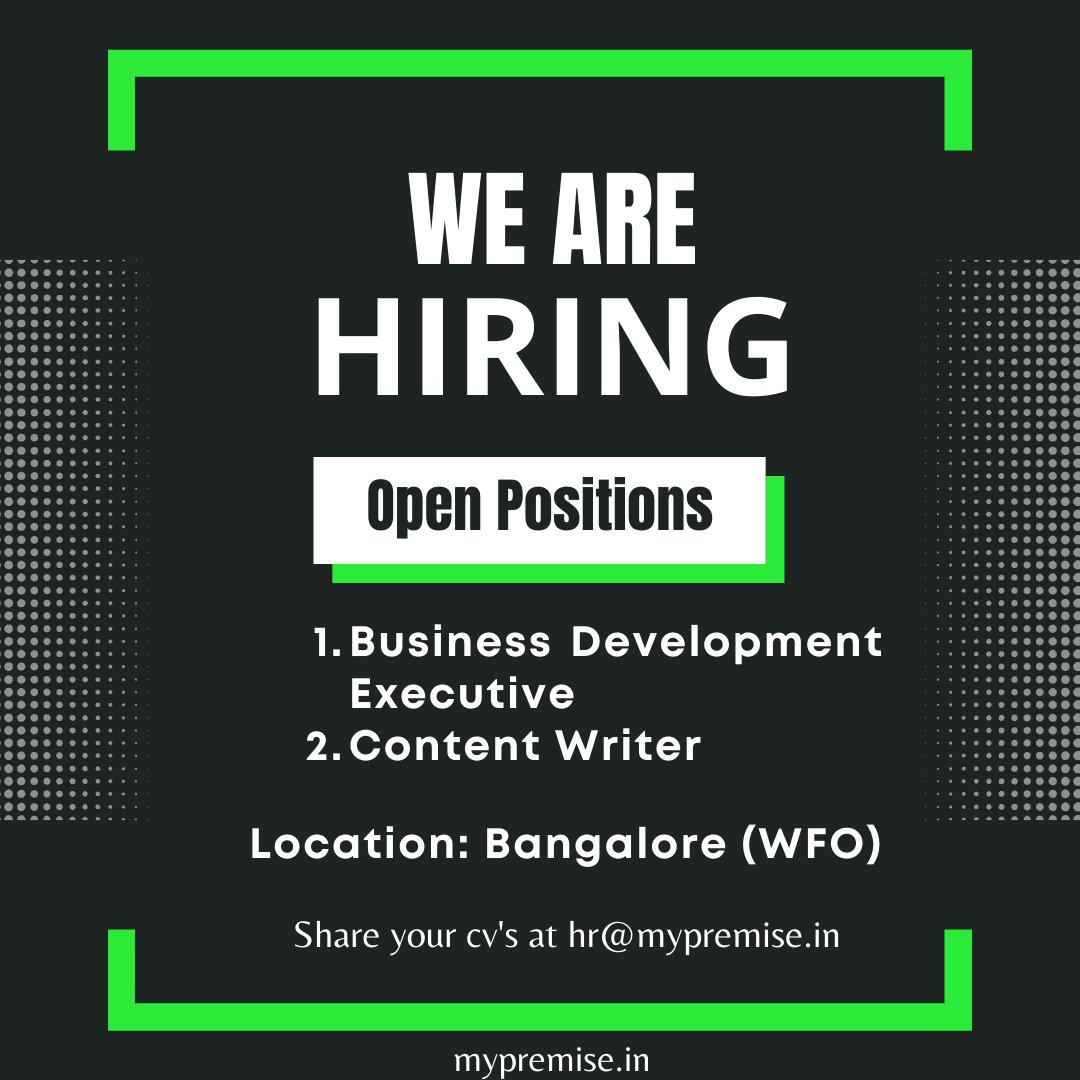 MyPremise_'s tweet photo. We are #Hiring 
Share your updated cv to hr@mypremise.in

visit https://t.co/AYb2ktac3t to know more

#HIRINGNOW #recruiting #Bde #Sales #mypremise #freshers #job #JobAlert #JobSearch https://t.co/hasA843UsR