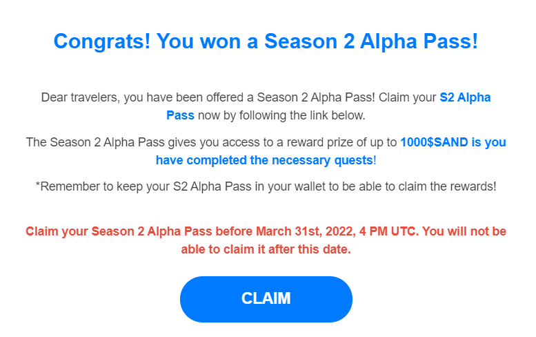 0xAndy_Gamer's tweet photo. I really didn't believe I could win Season 2 Alpha Pass on @TheSandboxGame. 
Today I open the e-mail and I can see it: 
Claim your Season 2 Alpha Pass!
Thanks a lot to the team #Sandbox. Maybe my #scholarship from #Play2Earn will also win #SandboxAlphaS2 . I am very happy, https://t.co/jDQqB6KGr5