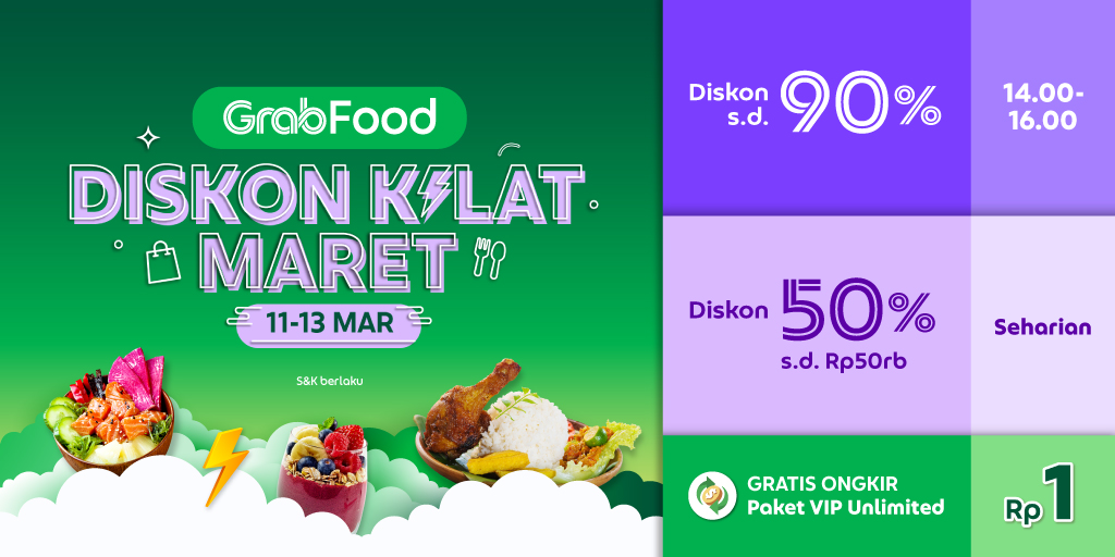 GrabID's tweet photo. Apalagi ada #DiskonKilatGrabFood yang diskonnya segambreng! Hemat s/d 90% di jam 14.00 - 16.00 + diskon 50% s/d Rp50rb seharian. Dan, bisa digabung Paket VIP Unlimited buat nonstop gratis ongkir senilai Rp600rb yang cuma bayar Rp1.

Yuk sikat, cuma di 11-13 Maret loh!⚡ https://t.co/vhg6adcCPp