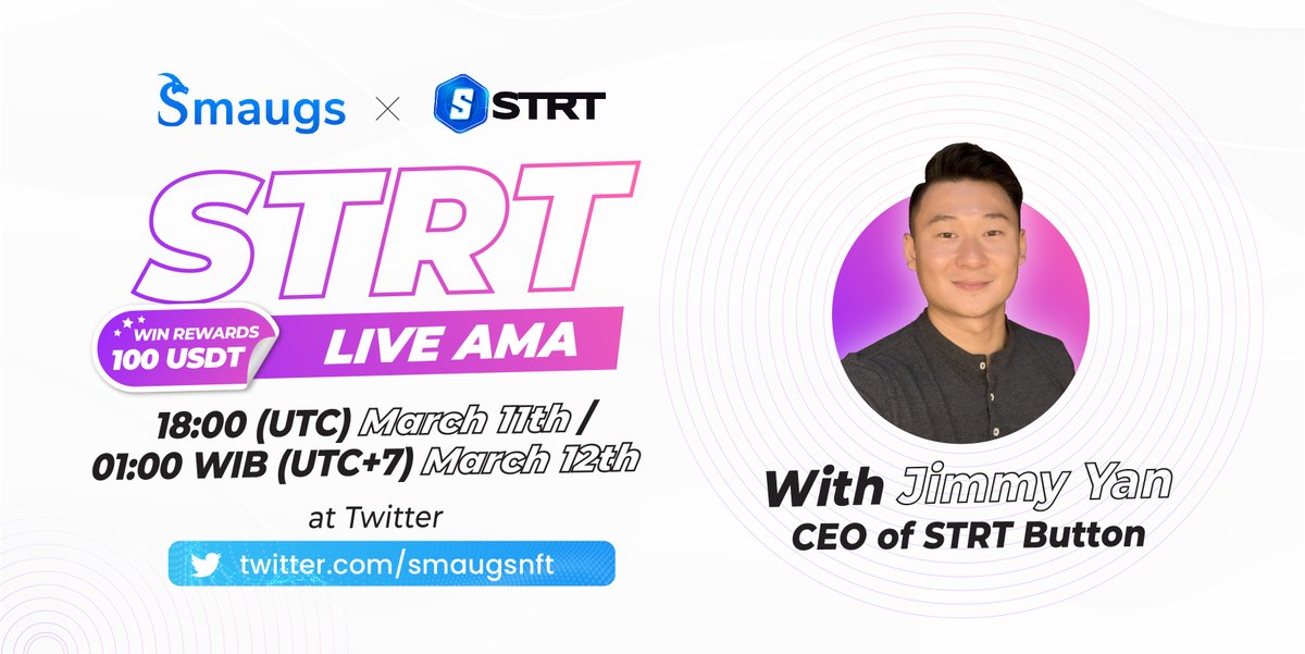 strtbutton's tweet image. 📢 Second Session LIVE AMA with @smaugsnft on Twitter ! 📢

🌎 : 11th Mar 2022 at 6 PM UTC
🇮🇩 : 12th Mar 2022 at 01.00 WIB (UTC+7)

Venue : 

Don't MISS it, and stay tuned!🚀

#STRTButton #SMAUGS #DeFi #LiveAMA #NFT #decentralized #decetralizedfinance