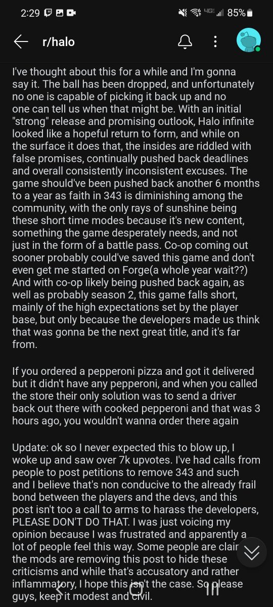 Big_Hashbrown's tweet photo. @LateNightHalo The reddit mods are doing more damage to player and dev relationships than the devs right now, I posted very fair and valid criticisms and after 8.1k upvotes my post was removed without reason or explanation https://t.co/x0swcqqKyK