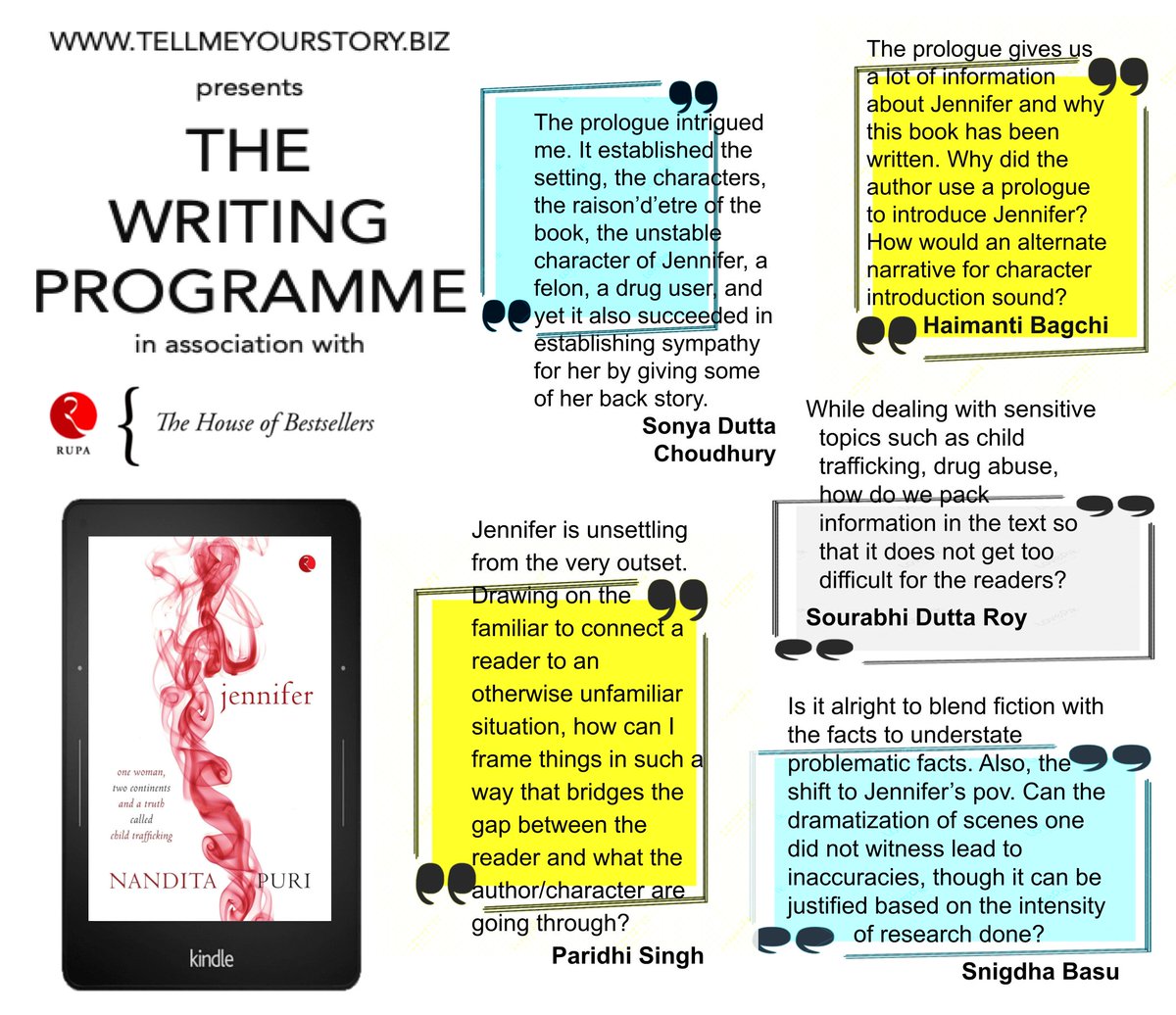 Engaging conversations on #fiction #writing
and #book #discussions
at The Writing Programme Season 5
at tellmeyourstory.biz
in association with <a href="/Rupa_Books/">Rupa Publications</a>
Author and guest mentor <a href="/Nandita_Puri/">Nandita Puri</a> spoke to the participants last week. Select excerpts here