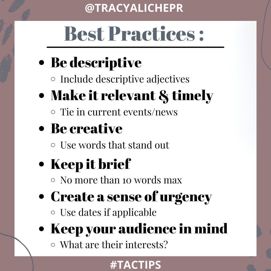 TracyAlichePR's tweet photo. Read this before sending your next media pitch!
Do you know what makes a good headline for your email pitch? Let us tell you!
Good subject lines give people a reason to check out your content. Swipe for tips.
#emailsubject #subjectlines #pitching #TracyAlicheConsulting https://t.co/aT4nWcN3UB