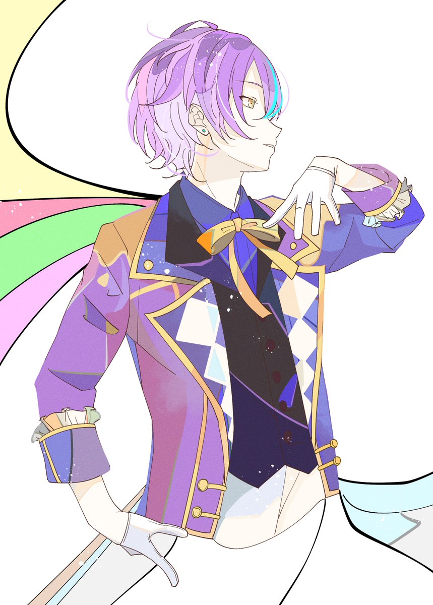 1boy purple hair male focus gloves solo streaked hair yellow eyes  illustration images