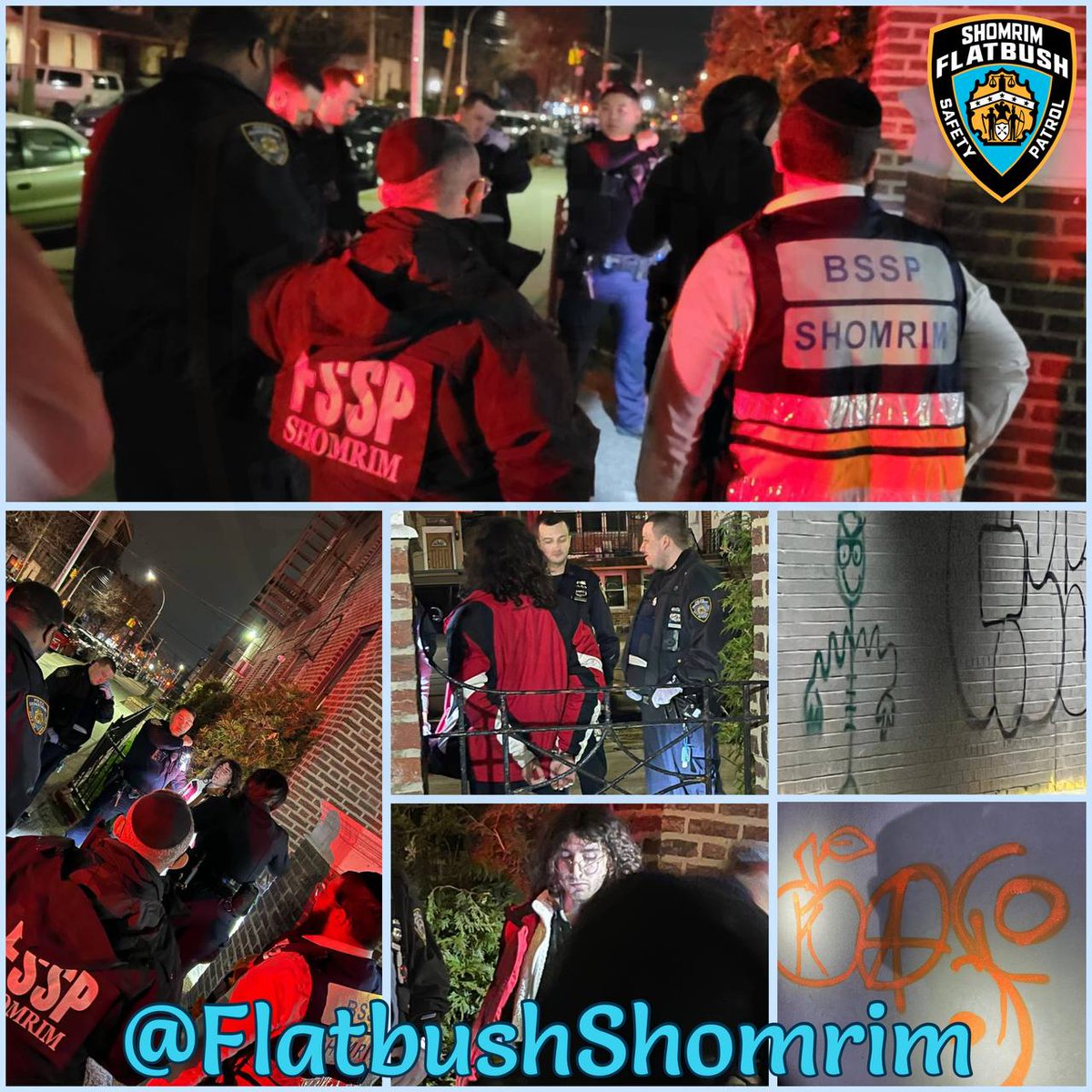 FlatbushShomrim's tweet photo. Our volunteers out on #NightPatrol had a pickup of this suspect spraying graffiti on commercial buildings, in the area of Ave M and East 15th. @NYPD70Pct was notified and ultimately arrested this vandal. Thanks @BPShomrim for assistance. #KeepingAnEye #HereForYou #CleanerStreets https://t.co/ferusdLDCc