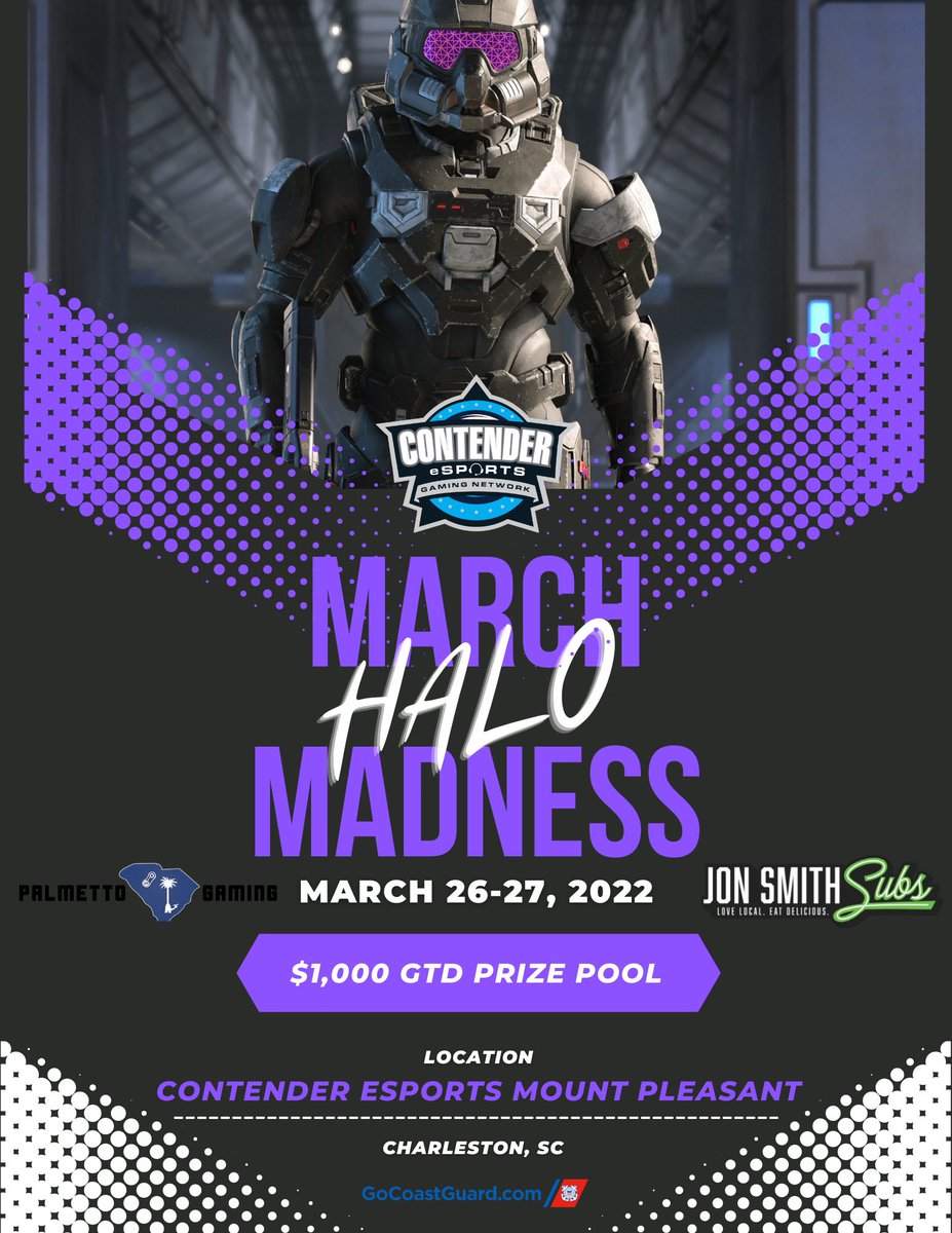 ⚔️ CHARLESTON HALO LAN ⚔️

📅 - March 26-27, 2022

💰 - $1,000 GTD Prize Pool

🎟 - $160 Team Pass

⚔️ - Halo Infinite | Pool Play

📍 - <a href="/ContenderCHS/">Contender eSports Mt. Pleasant</a> 

♾ - contenderesports.com/cgn-event/char…