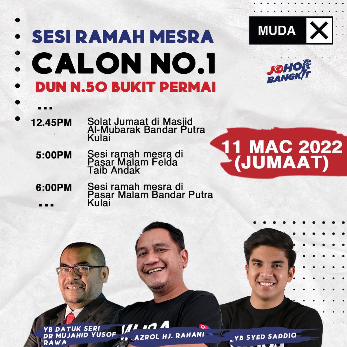 AzrolHjRahani's tweet photo. Sesi ramah mesra sekitar Bukit Permai hari ini yang akan disertai oleh YB Syed Saddiq dan YB Datuk Seri Dr Mujahid Rawa. Jumpa anda semua di sana. 

#AurAnakFelda
#BagaiAurDgnPermai
#JohorBangkit

Layari https://t.co/O6Zri8UpMy untuk maklumat lanjut. https://t.co/FV1RGBiOdN