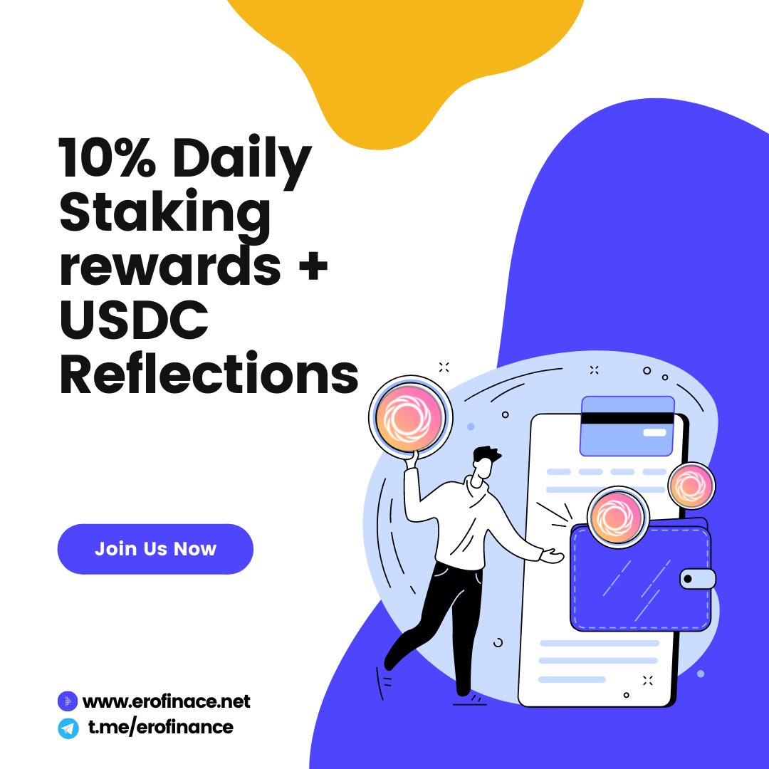 ero_finance's tweet photo. 💰10% Daily Staking Rewards + USDC Reflection💰

Get paid in USDC or enjoy a 10% staking rewards with Ero Finace. Telegram https://t.co/ye5xKCJ9Tv  discord https://t.co/mKnTPLdocT  #Crypto #cryptocurrency #MATIC #cryptogem https://t.co/51FeqpM0cE
