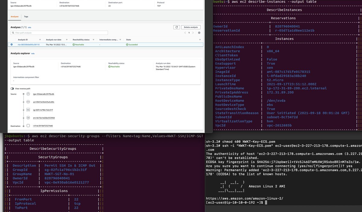 JBizzle703's tweet photo. In between arranging my office/studying, I did some @awscloud lab stuff. Set up security groups, an internet gateway, spun up an EC2 instance, and set up a reachability analyzer rule. I'm focusing on cli commands. And then replicating the configs w/cloudformation.

#labeverday https://t.co/dMUTv5mf6V