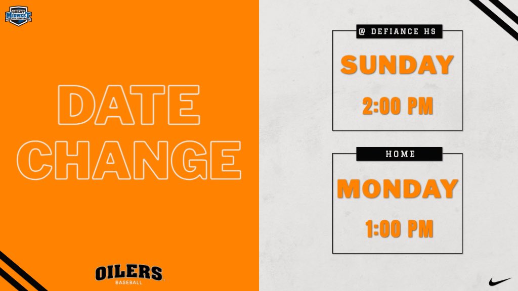 ‼️ DATE CHANGE ‼️

This weekends series vs. <a href="/HillsdaleBSBL/">Hillsdale Baseball</a> will now be played Sunday/Monday.

Sunday: Defiance HS, DH @ 2pm

Monday: HOME @ The Cube, DH @ 1pm

☀️ &amp; ⚾️ coming up!

#GoOilers #Family