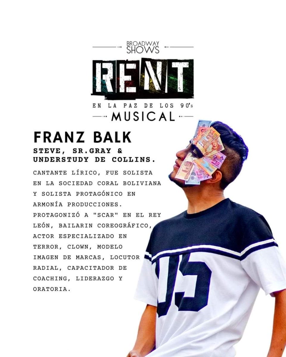 Broadwaybolivia's tweet photo. Franz Balk
quien estará interpretando a Steve, Sr. Gray &amp; Understudy de Collins en Broadway Shows en Rent en La Paz de los 90's. 
Estas listo para el Musical?
ENTRADAS YA DISPONIBLES
WhatsApp:63063772

Presentación 21, 22, 23 y 24 de abril.
#broadwayshowsbolivia #rent https://t.co/bzXsW6Xz9X