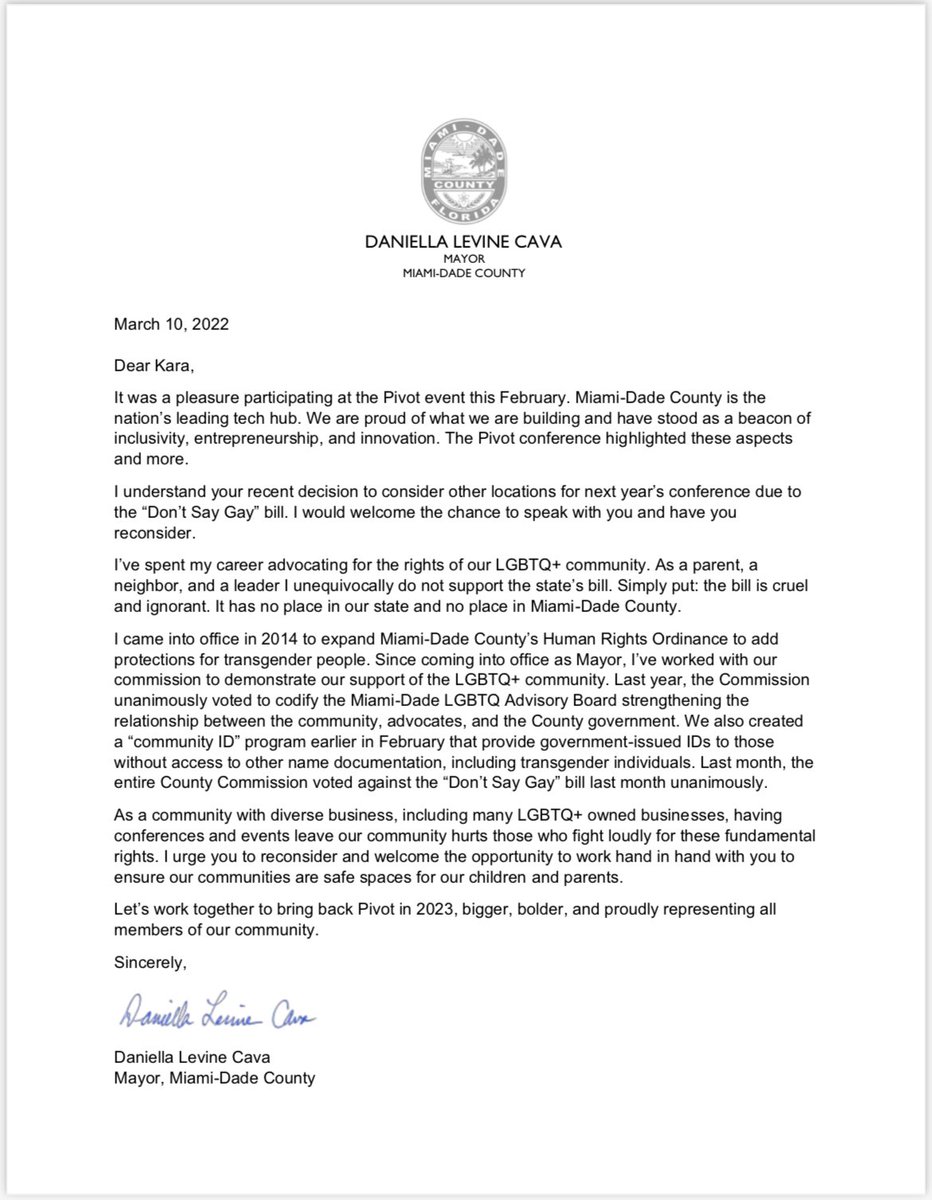 Daniella Levine Cava (@mayordaniella) on Twitter photo Miami-Dade is a place of inclusion and acceptance. The Don’t Say Gay bill makes families feel invisible and puts our economy at risk.
Today, I sent a letter asking <a href="/karaswisher/">Kara Swisher</a> to speak with me and reconsider her decision to move the 2023 Pivot conference away from our county. Miami-Dade is a place of inclusion and acceptance. The Don’t Say Gay bill makes families feel invisible and puts our economy at risk.
Today, I sent a letter asking <a href="/karaswisher/">Kara Swisher</a> to speak with me and reconsider her decision to move the 2023 Pivot conference away from our county.
