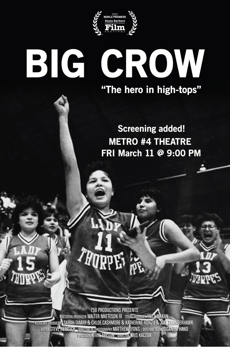 Tba screening added for BIG CROW! The hero in high tops is @ 9:00pm Friday, March 11 at The Metro 4 theatre.                                           <a href="/SBIFF/">SBIFF</a> #NativeAmerican #rezlife #SBIFF <a href="/SBIndyNews/">Santa Barbara Independent</a> <a href="/SantaBarbaraMag/">SB Magazine</a> <a href="/KCRWinSB/">KCRW in SantaBarbara</a> <a href="/SantaBarbara/">Visit Santa Barbara</a> <a href="/santabarbara/">Visit Santa Barbara</a>