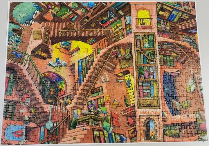 Thanks to staff and students "The Ludicrous Library" puzzle is complete!
Started February 2020
Put away because of Covid
Completed February 2022
Now glued and sealed and ready to display.