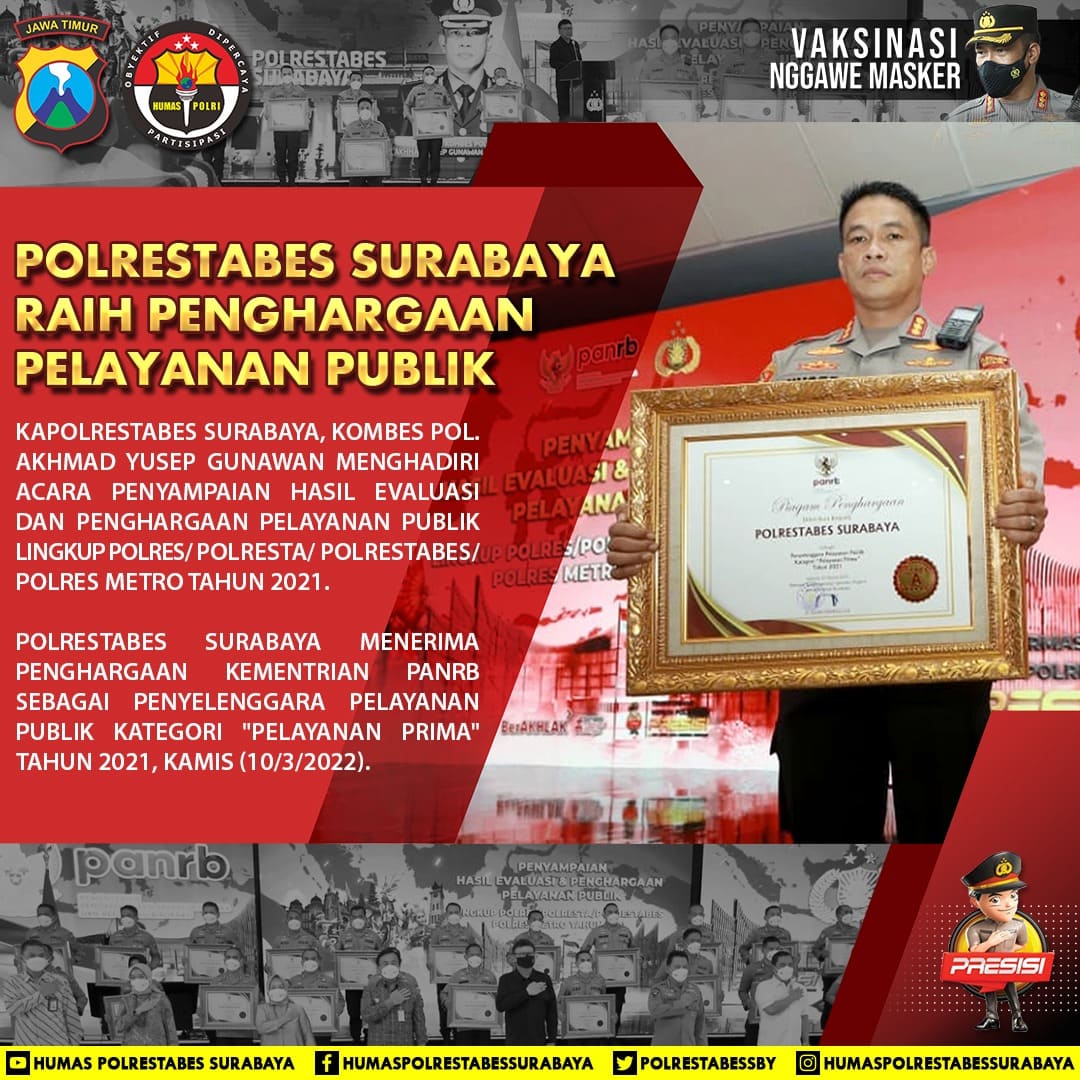 PolrestabesSby's tweet photo. Polrestabes Surabaya Kembali Raih Penghargaan  Kategori Pelayanan Prima dari KemenPAN-RB 

#JogoSuroboyo
#PolrestabesSurabaya https://t.co/k4jG4fQTFs