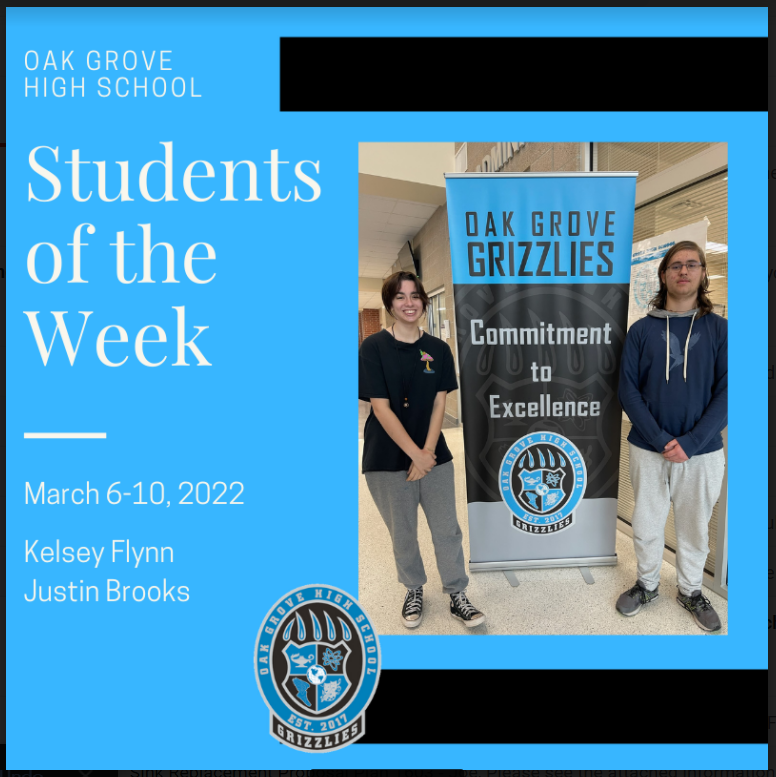 OakGroveHS's tweet photo. Congrats to this week's OGHS Students of the Week! Thanks to Kelsey &amp; Justin for all they do to #BearDown, lead by example, &amp; #BeOG! @oakgroveden @OghsStuco @StudentSvcsOGHS @J_Renaissance #GrizzlyPride #OGHSFamily https://t.co/Yt0SuFq4LT