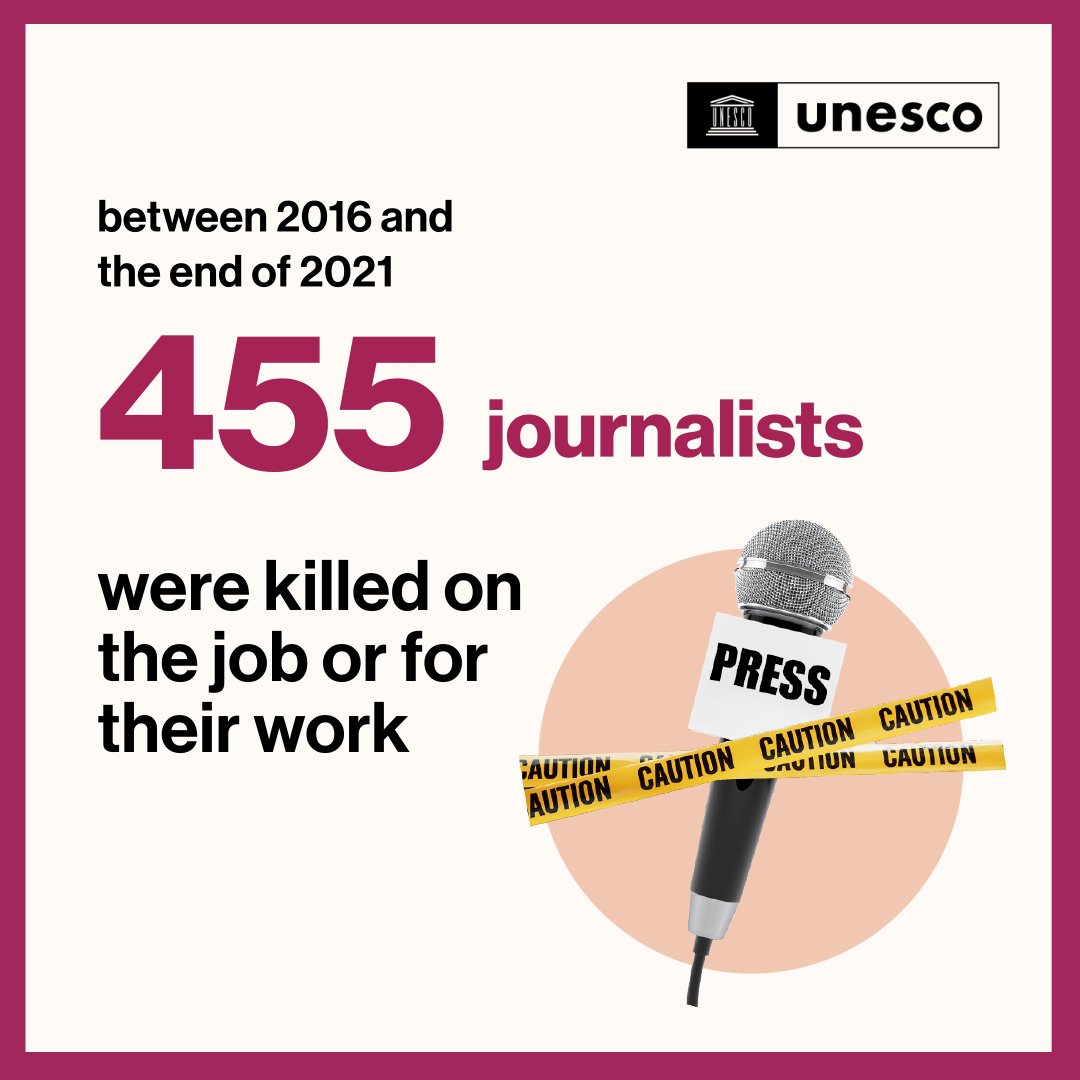 UNESCO's tweet photo. In the last 6 years, 455 journalists have been killed. This has to stop!

Journalists must be safe to investigate &amp; report on the stories that matter!

Check UNESCO's #WorldTrendsReport for more: https://t.co/ve9O0xkcQ0 https://t.co/KCo7CEPYQ4