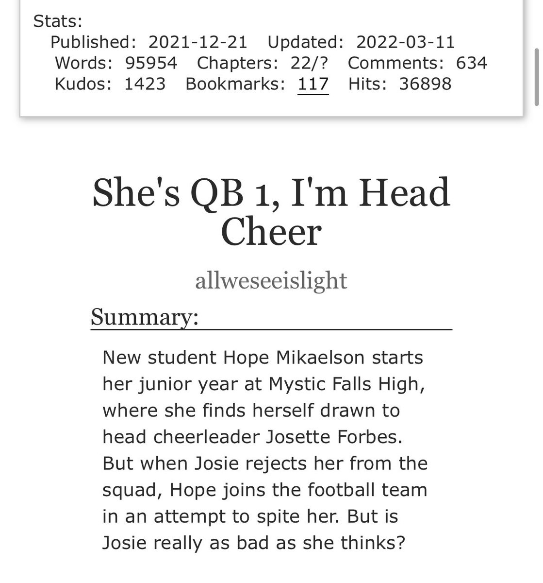 HosieStan69's tweet photo. 🚨🛎🛎UPDATED TODAY🛎🛎🚨
“She's QB 1, I'm Head Cheer”
By: allweseeislight (@wandashosie)
https://t.co/KCtSWrfXCk
^^^LINK^^^
Love this fic!!! Thanks for the update!!♥️♥️♥️
#hosie #hopemikaelson #josiesaltzman #lnht #hosiefic #hosiefanfic https://t.co/D9J75XHBr3