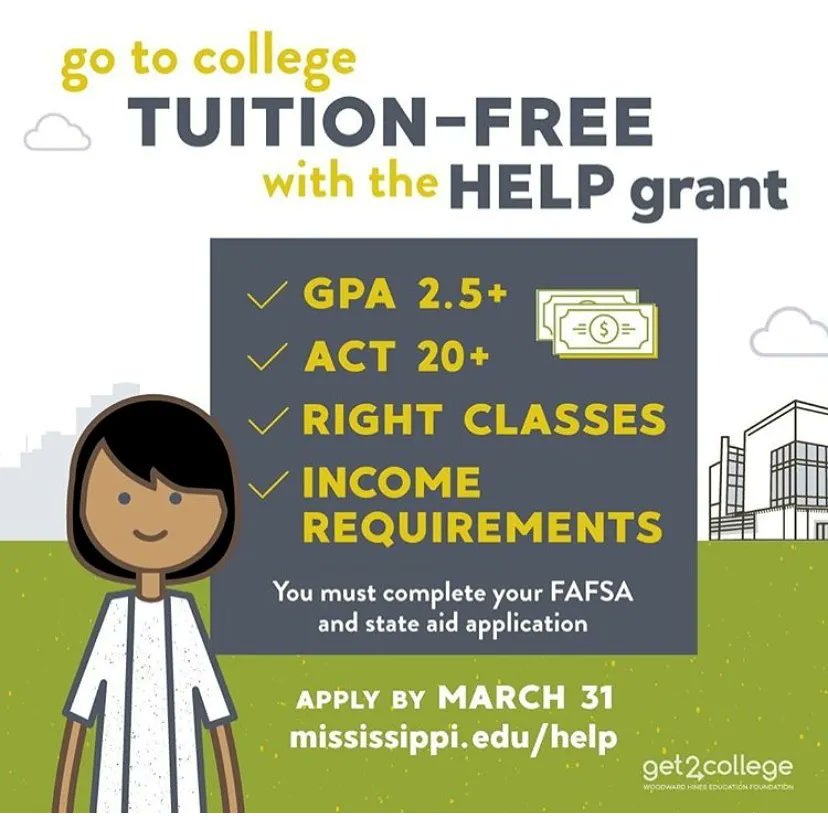 The deadline for the HELP grant is March 31! The HELP grant pays full tuition to any 2-year or 4-year public college in Mississippi for those who qualify. Make sure you submit the Mississippi aid application at buff.ly/2wW8UZz. #HELP #Get2College #stateaid