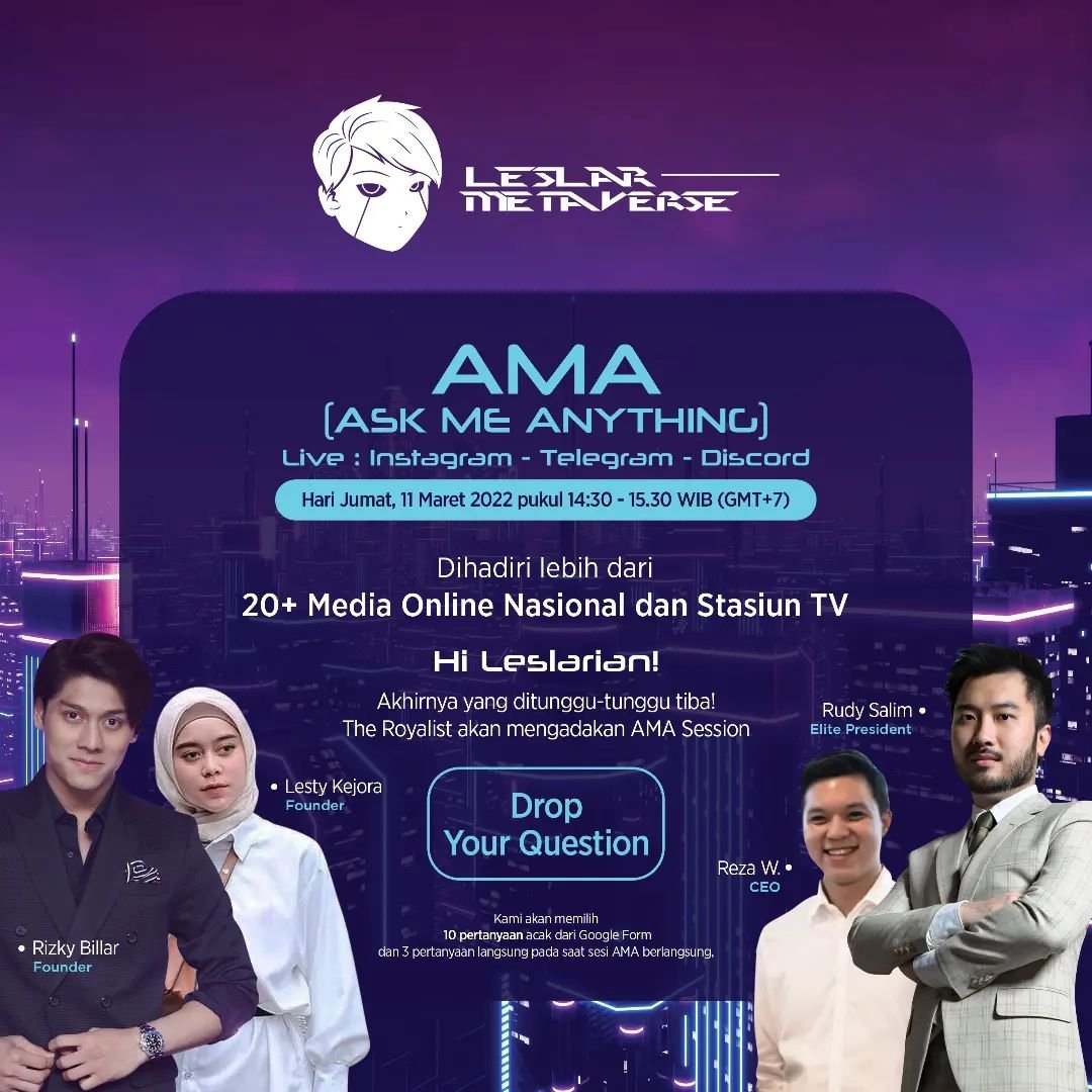 Rizkiybillar's tweet photo. JANGAN LUPA NANTI SORE LIVE STREAMING DI INSTAGRAM LESLAR METAVERS #LeslarMetaverse https://t.co/SaJpqkd4Px