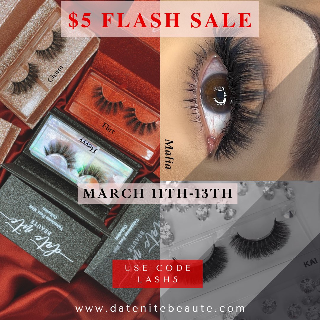 Complete your look with our $5 FLASH LASH SALE this weekend only!! Use code LASH5 at checkout 🛒 
datenitebeaute.com

*excludes classy bling edition 

#lashsale #fauxmink #fauxminklash #Trending #lashbusiness #womenshistorymonth #womensday #womensmonth