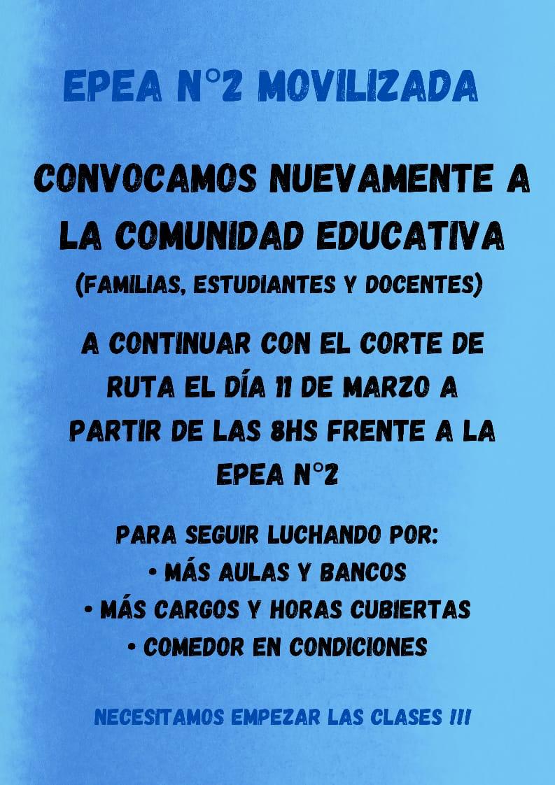 La EPEA 2° de Plottier, Neuquén,  hace cinco años viene con problemáticas de gas, falta de aulas, sillas y bancos. El 11 de marzo a partir de las 08 hs se convoca a la comunidad educativa de la EPEA a seguir reclamando por aulas, bancos, cargos, horas cubiertas y un comedor.