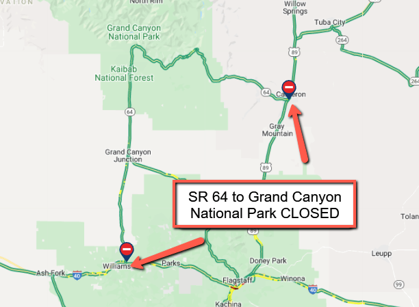 ArizonaDOT's tweet photo. ⚠️ GRAND CANYON CLOSED⚠️

SR 64 to Grand Canyon National Park is closed due to inclement weather. 

The highway is closed at milepost 295 at US 89, and milepost 186 at I-40.

There is no estimated time to reopen the highway. https://t.co/94d0D5JqK9