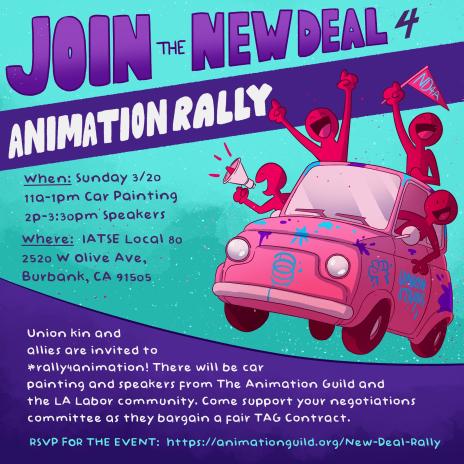 colordesign839's tweet photo. Come rally with us for a #NewDeal4Animation on Sunday 3/20 at IATSE Local 80 in Burbank! Car painting will be from 11am-1pm with a rally following after from 2pm-3:30pm. We'd love to see you there!! RSVP here: https://t.co/FUxl1paf3O https://t.co/QUWGTMLjiE