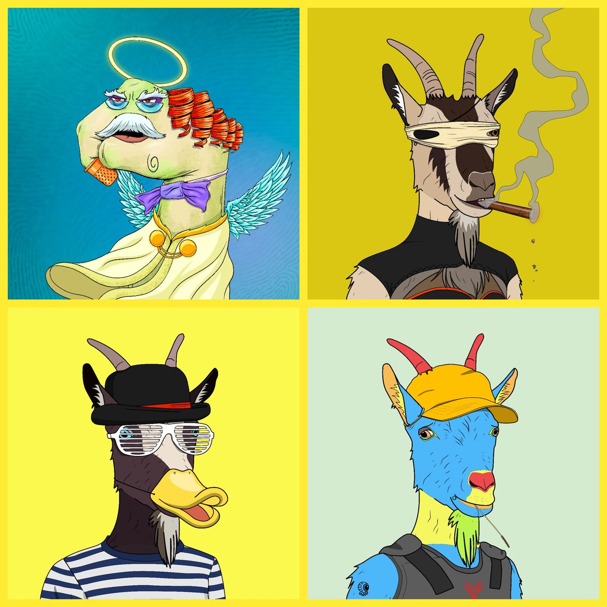 GTFOfish's tweet photo. Alright we made it to the end of the week 👏👏👏😂 Happy Yellow Friday everybody, it's fitting that I include a yellowish #Handie alongside my Goats with the recent @HandiesNFT @adaGOATS announcement, WGMI #LFGoat #GOATtribe https://t.co/fW8HlYB7Iw