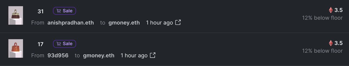 MetaBirkins 17 and 31 just sold for 3.5 Ether each to <a href="/gmoneyNFT/">gmoney.eth</a> (≈$18,00.00) on @LooksRareNFT!
