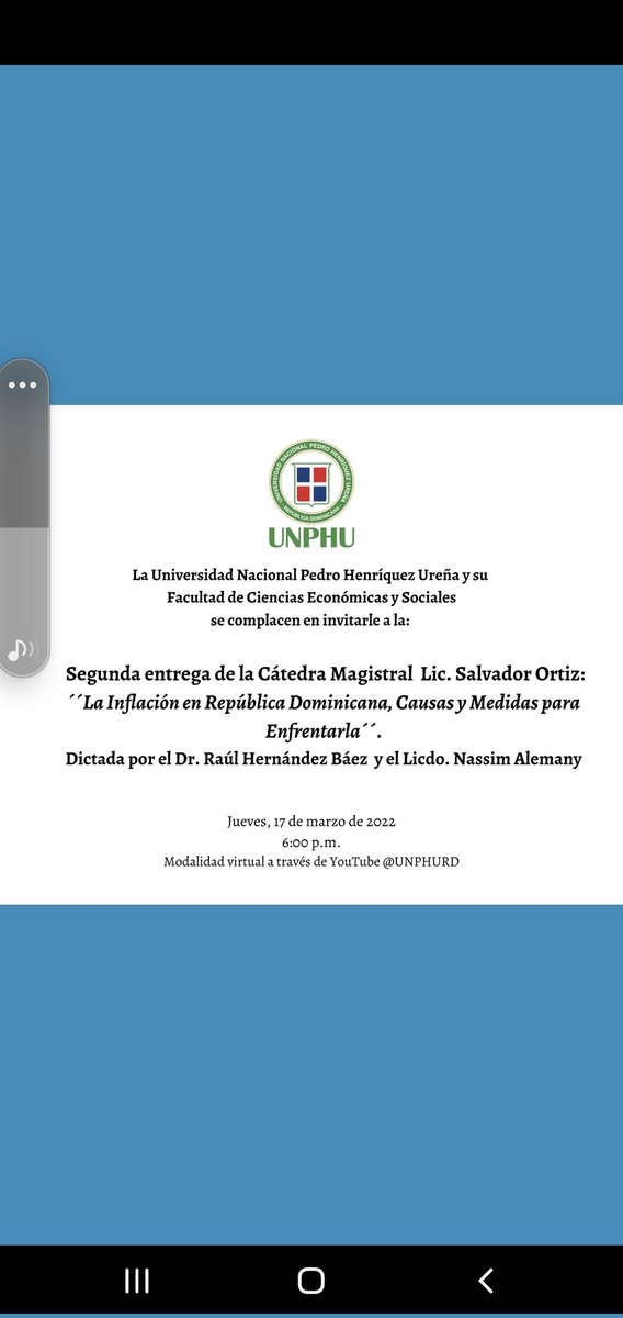 El jueves 17 de marzo a la 6PM en el canal <a href="/UNPHURD/">UNPHU</a> de Youtube se presenta la Cátedra Magistral Lic. Salvador Ortiz sobre Inflación en #RepúblicaDominicana , causas y medidas para enfrentarla , en la que participamos @nassimjose y un servido.