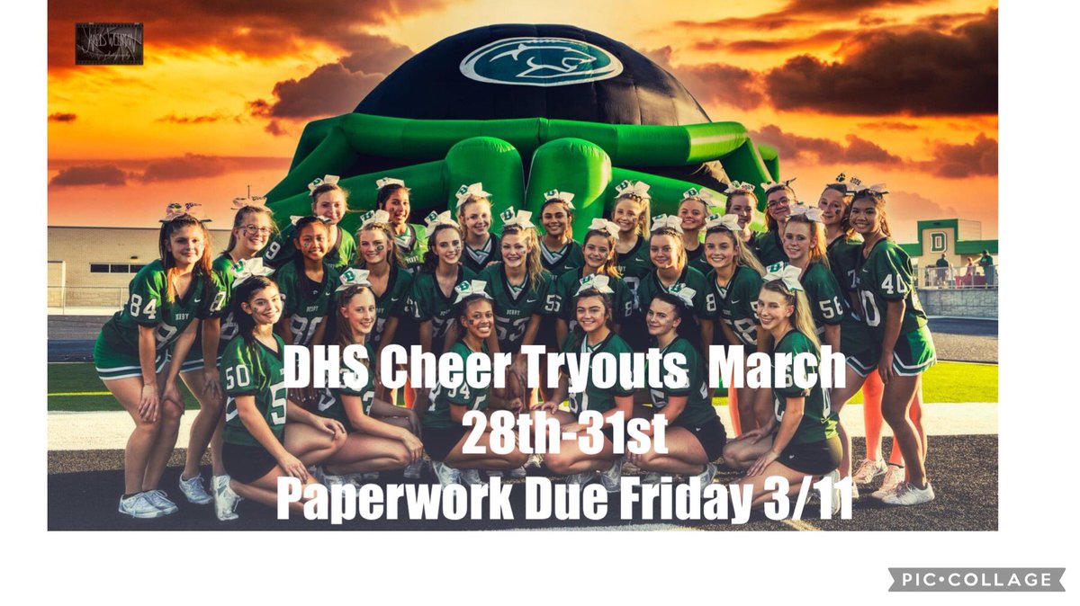 derby_high's tweet photo. DHS Cheer Tryouts will be held the week of March 28th-31st.  Tryout paperwork is due tomorrow, March 11th.  Please contact Kari Schott at kschott@usd260.com with any questions. https://t.co/yO7G0R3DH7