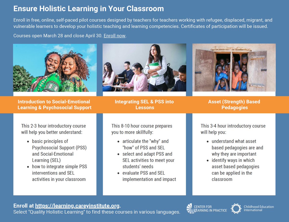 Ensure Holistic Learning in Your Classroom:

Enroll in free, online, self-paced pilot courses designed by teachers for teachers working with refugees, displaced, migrant, and vulnerable learners to develop your holistic teaching and learning competencies.