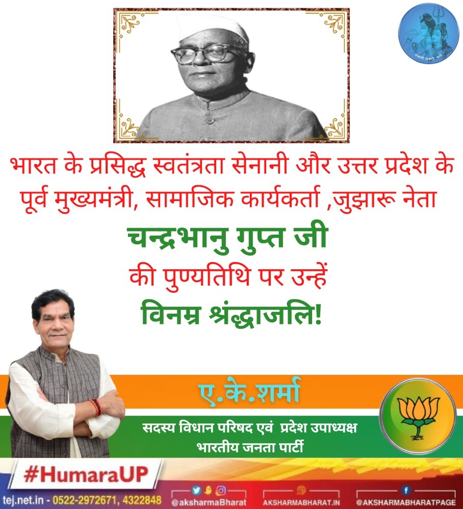 Rajesh__UMA's tweet photo. प्रसिद्ध भारतीय स्वतंत्रता संग्राम सेनानी एवं उत्तर प्रदेश के पूर्व मुख्यमंत्री चन्द्रभानु गुप्त जी की पुण्यतिथि पर उन्हें विनम्र श्रद्धांजलि। 🙏 #AKSharma #HumaraUP #narendramodi #amitshah #myogiadityanath #rssorg #BJP4UP #BJP4INDIA https://t.co/BO6IwV2oP9
