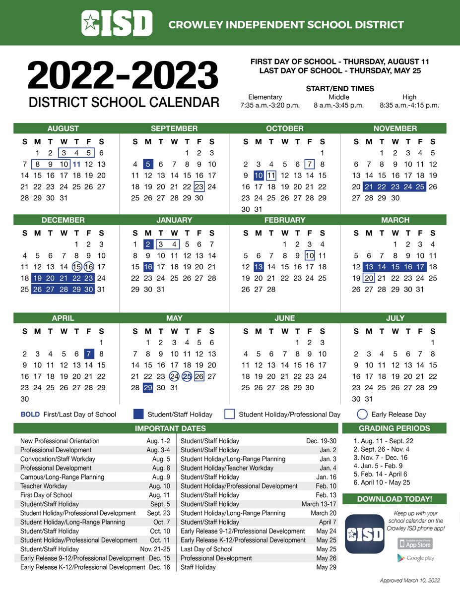 Crowley ISD on X: "Crowley ISD Trustees have approved the 2022-23 calendar.  For a printable version of next year's school calendar, visit https://t.co/NdjGQaaZvI.  #CrowleyPrideUnified https://t.co/KDj9b5DtYn" / X
