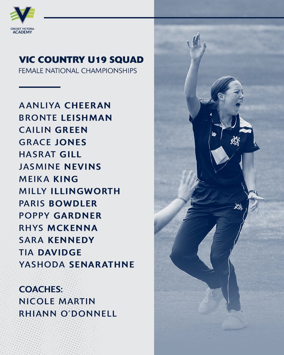 Squads for the Under 19 Female National Championships are in 🔒

The championships will take place in Adelaide from April 7. Congrats to those selected 👏

Read more: cricvi.co/FemaleU19sqd22