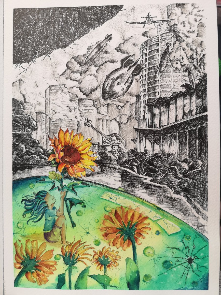 RuengC's tweet photo. Safe zone is broken
 :Drawing and water color
#wars #watercolorpainting #drawing #pigmamicron #sunflower #NFTCommunity #NFT https://t.co/JBc27Axm8L