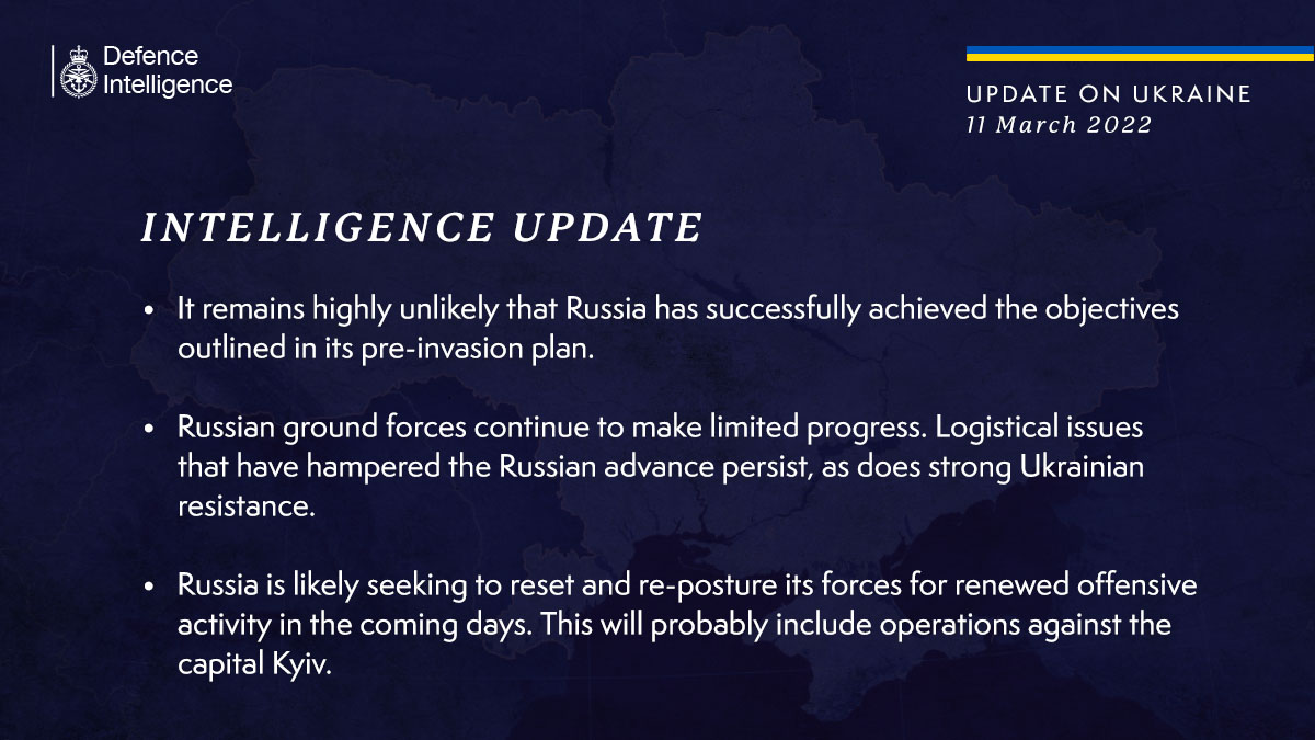 t remains highly unlikely that Russia has successfully achieved the objectives outlined in its pre-invasion plan.   Russian ground forces continue to make limited progress. Logistical issues that have hampered the Russian advance persist, as does strong Ukrainian resistance.