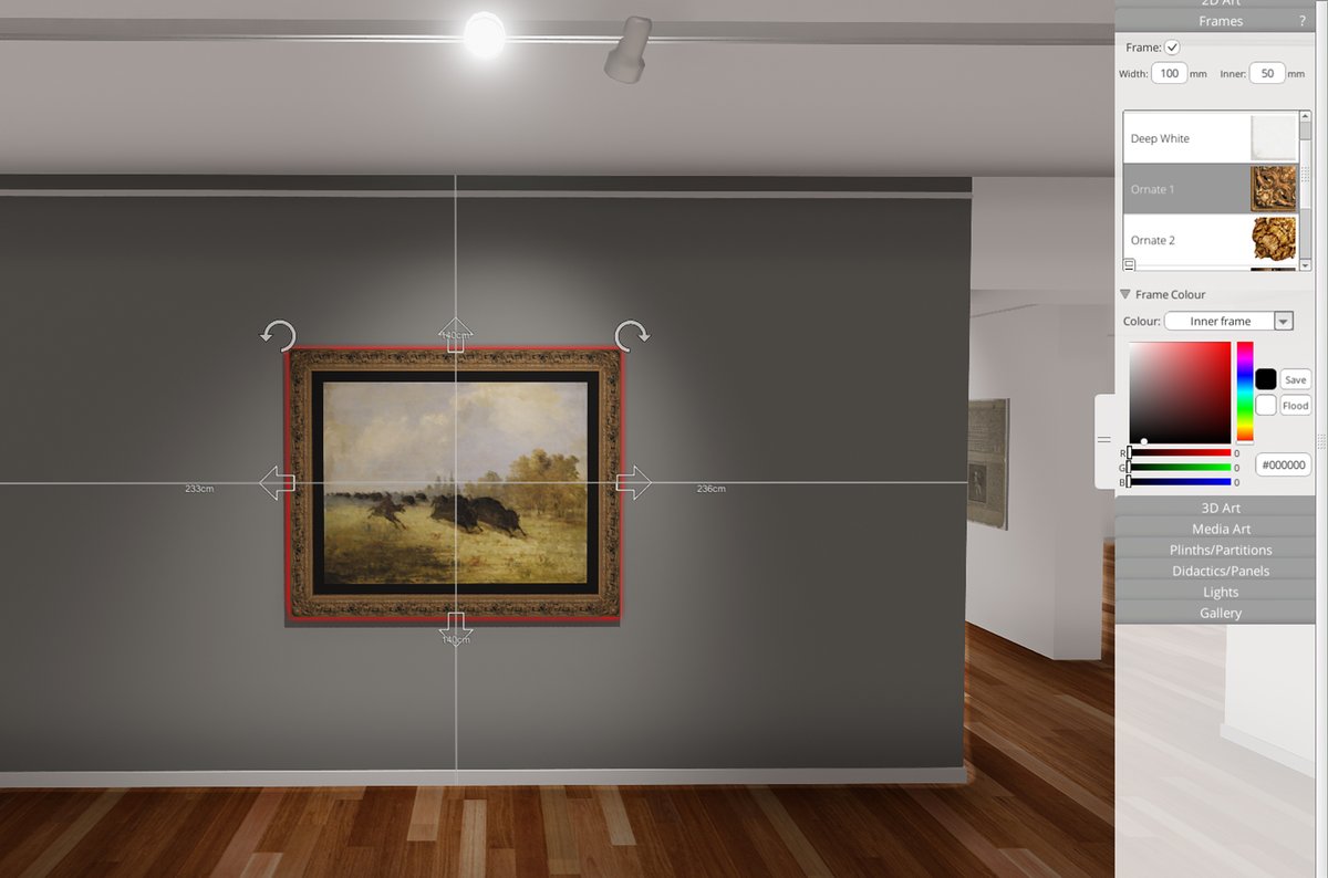 See your artworks displayed exactly as they will be in your gallery with Curator. 
Curator has a wide list of frames that further bring your exhibition concepts to life. Frames are customizable by changing frame colours and dimensions
 #curators  #artworks #exhibtiondesigners