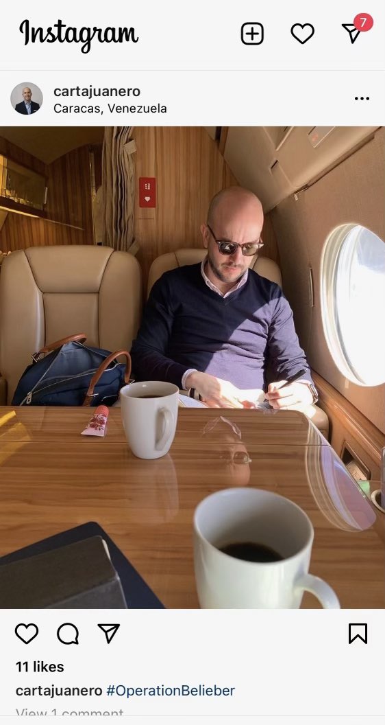 marcorubio's tweet image. This is Biden’s NSC staffer for Western Hemisphere posting on instagram like he is a celebrity as he flies in the luxury of a government jet to #Caracas to meet with a narco-dictator responsible for 6 million refugees who have had to flee  #Venezuela