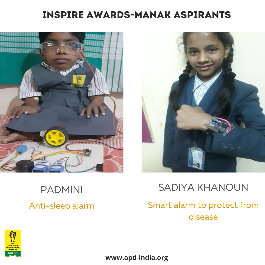 APD_India's tweet photo. Padmini, Grade 7 and Sadiya Khanoun, Grade 6 from Shradhanjali Integrated School have been awarded ₹10,000 to improve their innovations as they move to the next level of the INSPIRE Program of the Department of Science & Technology (DST), Government of India.
#SIS #APDIndia https://t.co/bQNNXKHGE2
