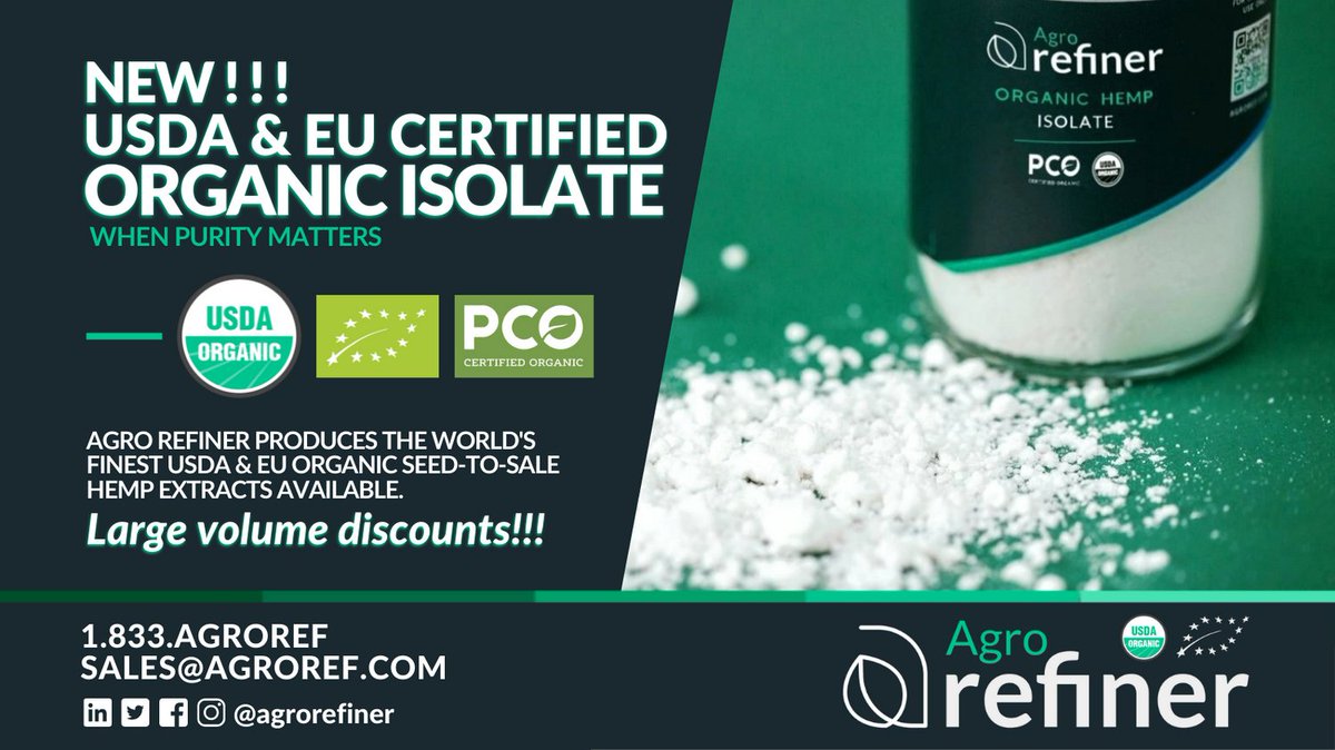 AgroRefiner's tweet photo. NEW!!! ORGANIC HEMP ISOLATE!
The wait is over! AgroRefiner would like to announce the launch of our brand new USDA Certified Organic Hemp Isolate!!! 
For more info, visit https://t.co/JzBDBaAWUv
.
.
.
.
#AgroRefiner #cbd #hemp #isolate #organic #partnership #health #wellness https://t.co/HOoyw4p28G