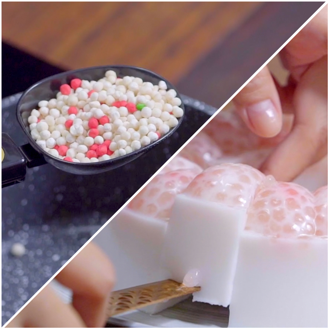 A split image showing candy sprinkles being measured in a black scoop on the left and a close-up of a hand cutting white blocks that resemble soap covered in bubbles on the right.