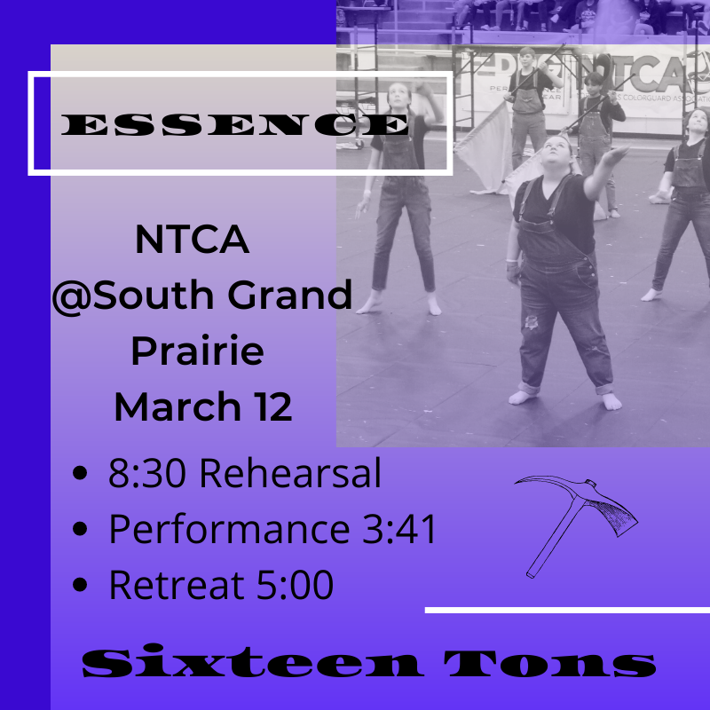 ⛏Essence @NTCA Contest
🕖3:41 Performance
📍South Grand Prairie
🎟$10 adults $5 students
➡️ntca-online.com